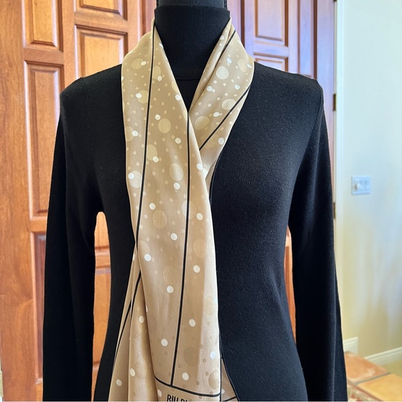 BILL BLASS signed bronze gold with white dots and black silk scarf  58” X 11” - Picture 3 of 4
